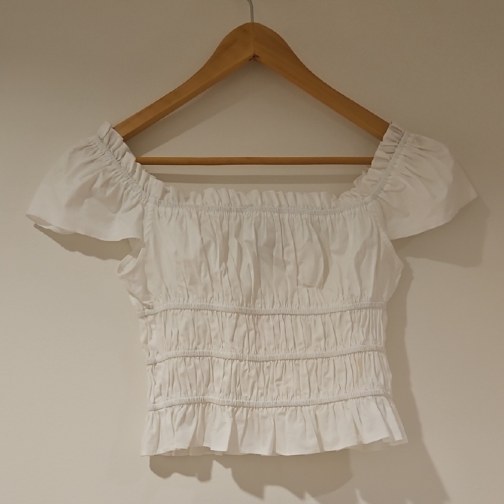 Wayf White Ruffled Smocked Blouse Size L